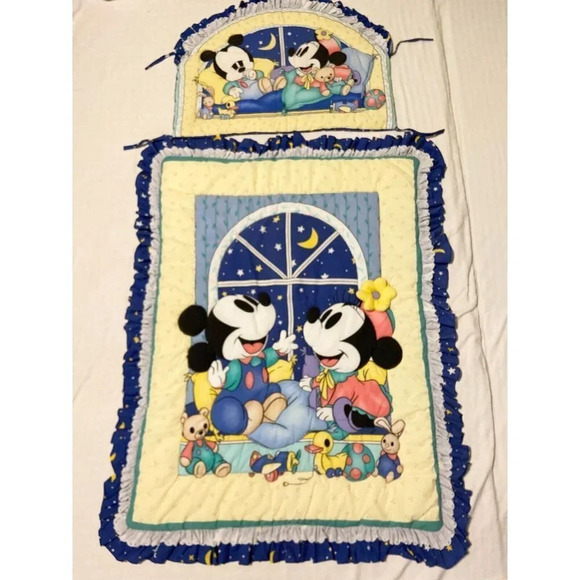 Vintage Mickey Mouse Minnie Crib Quilt Comforter Blanket and  Headboard Cover - Picture 1 of 16